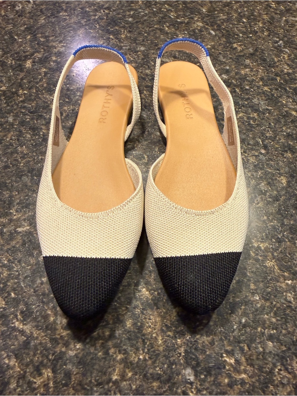 Rothy's Two-Tone Pointed Slingback Flats in Almond and Black